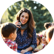 Young woman speaker engaging children with inspiring stories.
